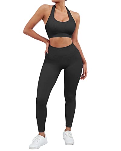 SUUKSESS Women Two Piece Seamless Ribbed Workout Sets Outfits Backless Halter Sports Bra Booty Biker Leggings (#1 Black, M)