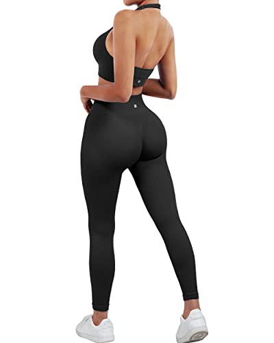 SUUKSESS Women Two Piece Seamless Ribbed Workout Sets Outfits Backless Halter Sports Bra Booty Biker Leggings (#1 Black, M)