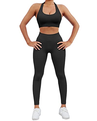SUUKSESS Women Two Piece Seamless Ribbed Workout Sets Outfits Backless Halter Sports Bra Booty Biker Leggings (#1 Black, M)