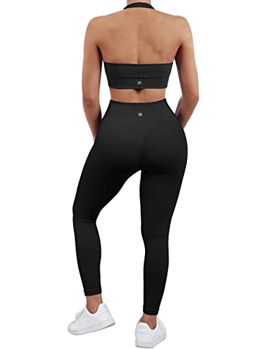 SUUKSESS Women Two Piece Seamless Ribbed Workout Sets Outfits Backless Halter Sports Bra Booty Biker Leggings (#1 Black, M)