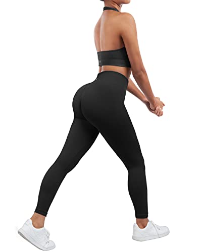 SUUKSESS Women Two Piece Seamless Ribbed Workout Sets Outfits Backless Halter Sports Bra Booty Biker Leggings (#1 Black, M)