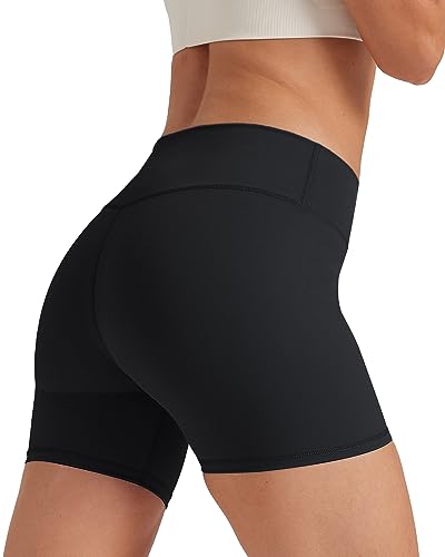 keriffe Womens Crossover Biker Shorts 5" High Waisted Yoga Workout Athletic Running Spandex Shorts Black