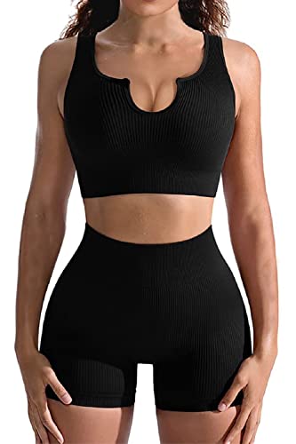 niyokki Ribbed Seamless Booty Shorts Workout sets for Women Stretchy Sport Bra Yoga Leggings Matching Workout Set,black, S