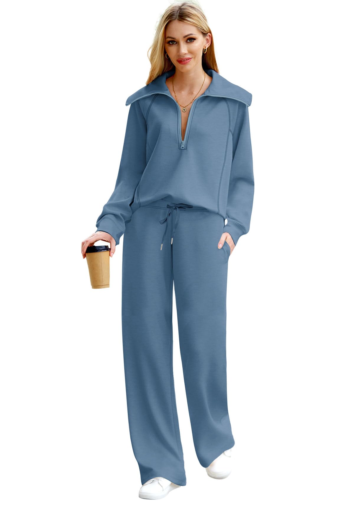XIEERDUO Lounge Sets For Women 2 Piece Long Pants Sweatshirt Fall Winter Outfits Haze Blue S