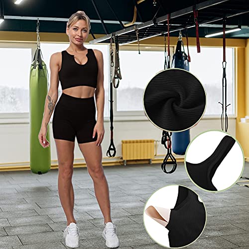 niyokki Ribbed Seamless Booty Shorts Workout sets for Women Stretchy Sport Bra Yoga Leggings Matching Workout Set,black, S