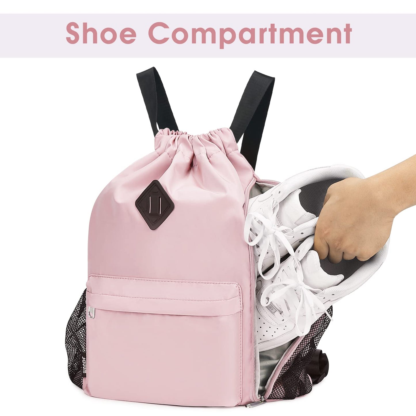 WANDF Drawstring Backpack Sports Gym Bag with Shoes Compartment, Water-Resistant String Backpack Cinch for Women Men (Large,Pink)