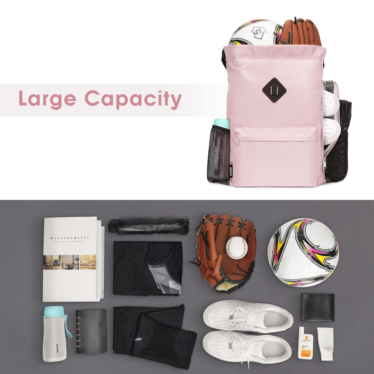 WANDF Drawstring Backpack Sports Gym Bag with Shoes Compartment, Water-Resistant String Backpack Cinch for Women Men (Large,Pink)