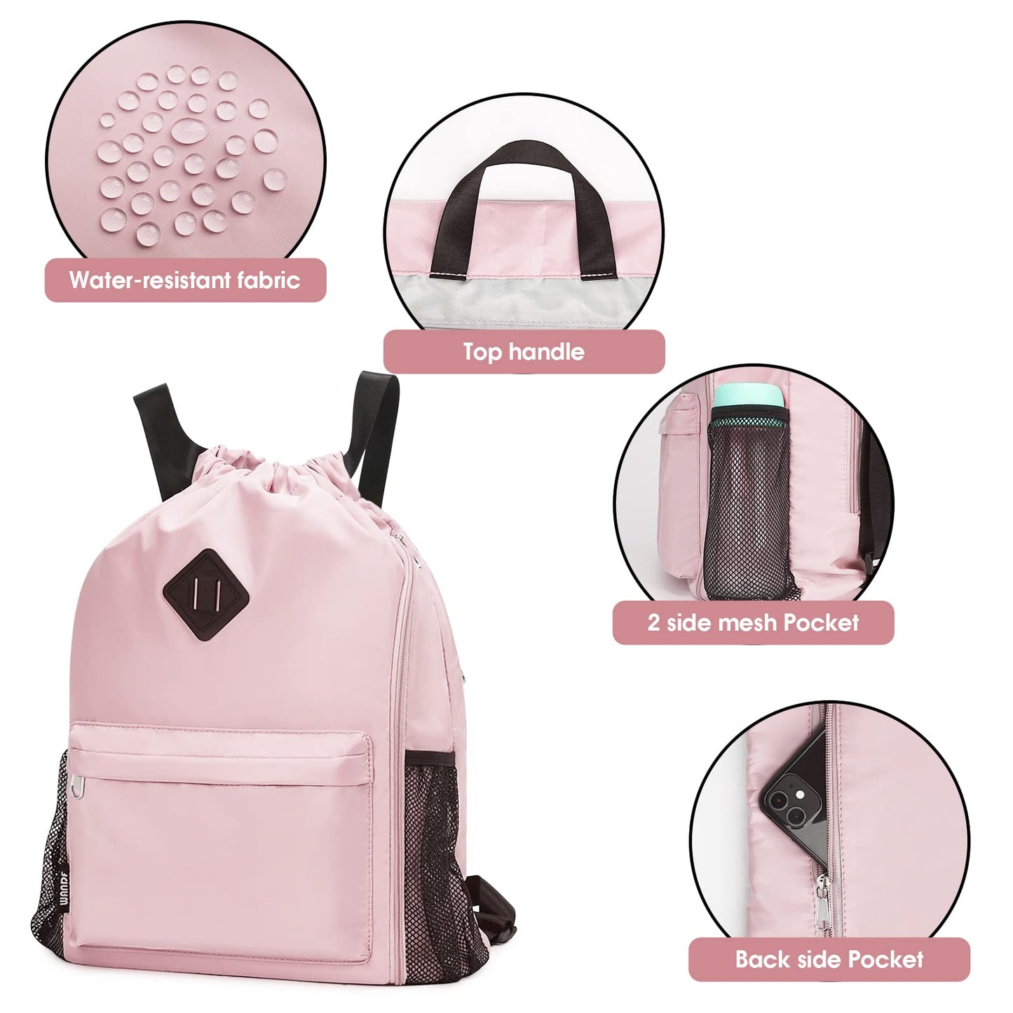 WANDF Drawstring Backpack Sports Gym Bag with Shoes Compartment, Water-Resistant String Backpack Cinch for Women Men (Large,Pink)