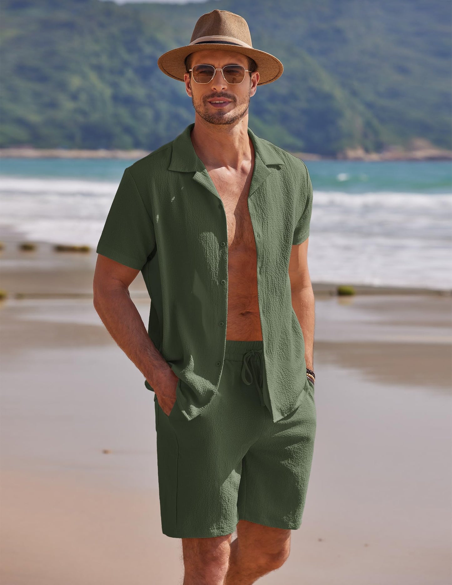 COOFANDY Mens Two Piece Outfits Sets Casual Button Down Short Sleeve Shirt and Beach Shorts