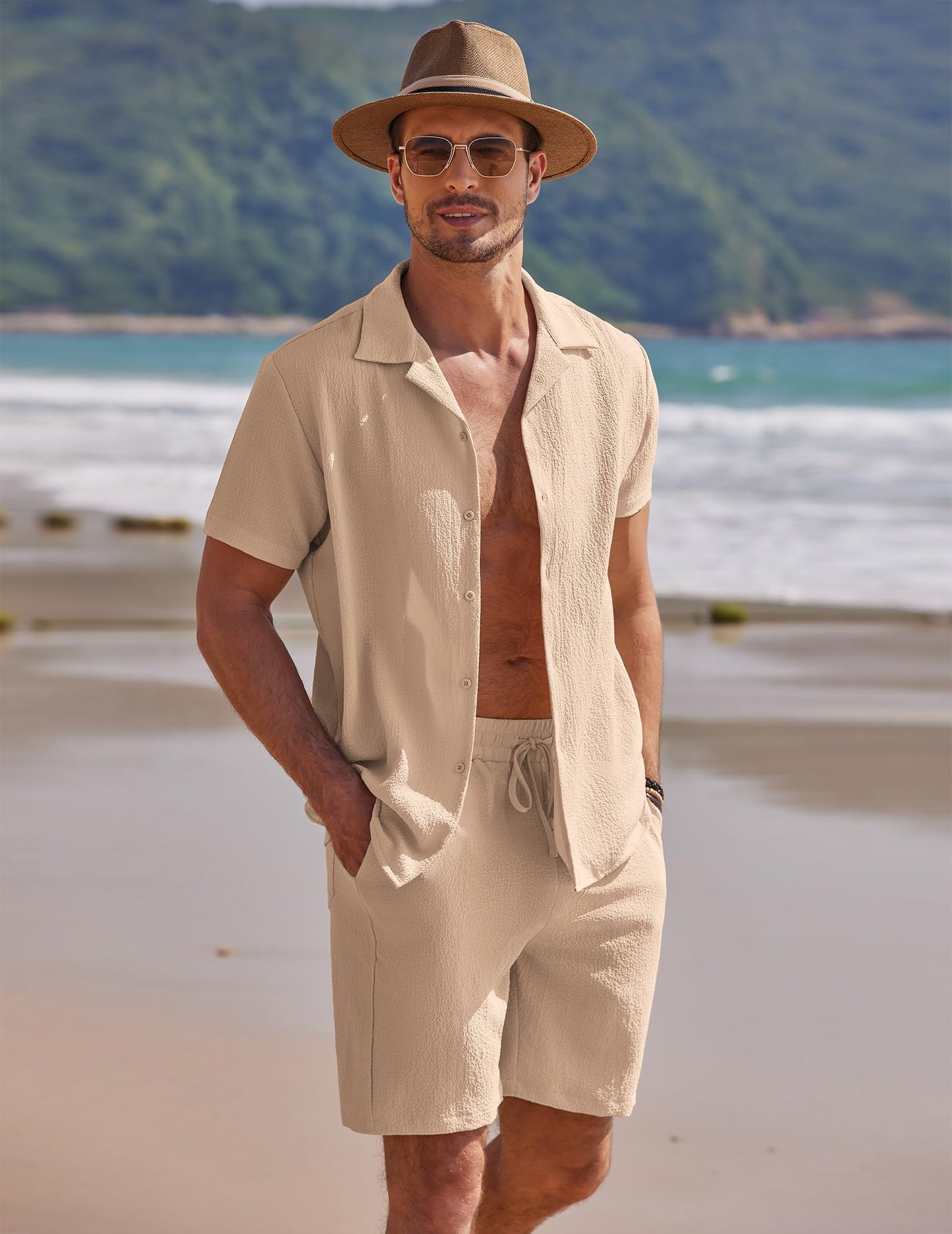 COOFANDY Mens Two Piece Outfits Sets Casual Button Down Short Sleeve Shirt and Beach Shorts
