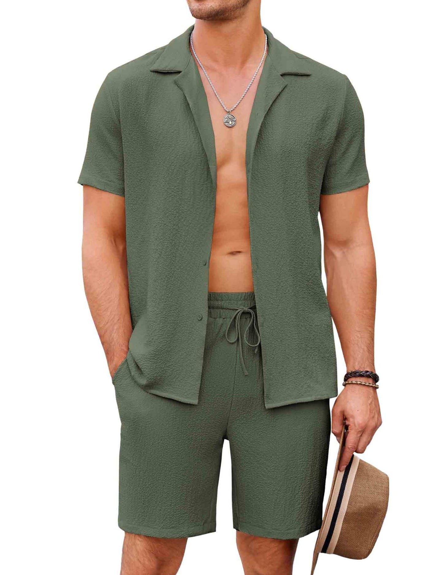COOFANDY Mens Two Piece Outfits Sets Casual Button Down Short Sleeve Shirt and Beach Shorts