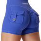 YEOREO Scrunch Workout Shorts with Pockets Charm Gym Biker Shorts for Women High Waisted Yoga Booty Shorts Blue M