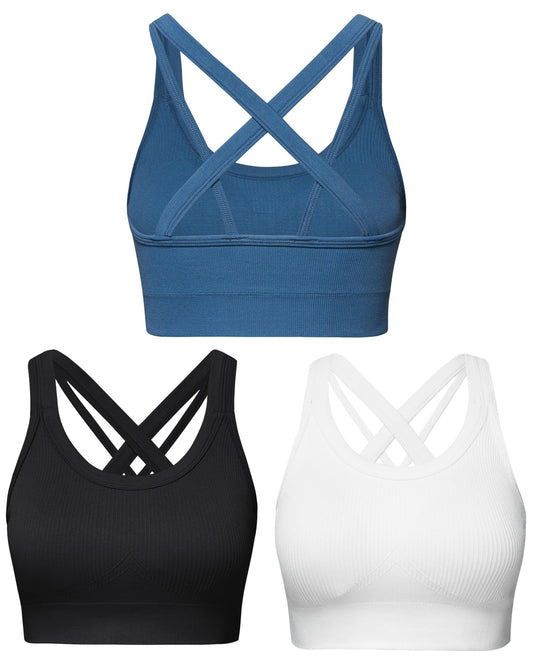 Sports Bras for Women HIigh Support, Criss-Cross Back Padded Strappy High Impact Sports Bras for Women Large Bust(0001_Black+White+Blue_M)