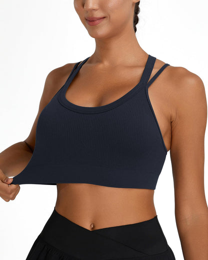Sports Bras for Women HIigh Support, Criss-Cross Back Padded Strappy High Impact Sports Bras for Women Large Bust(0001_Black+White+Blue_M)