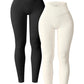 OQQ Women's 2 Piece Yoga Leggings Ribbed Seamless Workout High Waist Cross Over Athletic Exercise Leggings Black Beige
