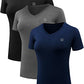 NELEUS Women's 3 Pack V Neck Workout Compression Shirt,8016,Black,Grey,Navy Blue,3XL
