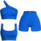 OQQ Women's 3 Piece Outfits Ribbed Seamless Exercise Scoop Neck Sports Bra One Shoulder Tops High Waist Shorts Active Set Blue