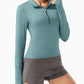 GGOV Crop Tops Women's Long Sleeve Workout Shirt with Half Zip Closure, Slim Fit, and Buttery-Soft Fabric Green M