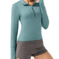 GGOV Crop Tops Women's Long Sleeve Workout Shirt with Half Zip Closure, Slim Fit, and Buttery-Soft Fabric Green M