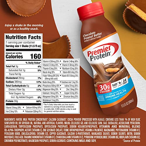 Premier Protein Shake, Chocolate Peanut Butter Liquid, 30g Protein, 1g Sugar, 24 Vitamins & Minerals, Nutrients to Support Immune Health, gluten free, 11.5 Fl Oz, Pack of 12