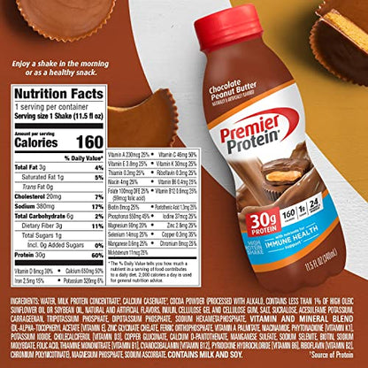 Premier Protein Shake, Chocolate Peanut Butter Liquid, 30g Protein, 1g Sugar, 24 Vitamins & Minerals, Nutrients to Support Immune Health, gluten free, 11.5 Fl Oz, Pack of 12