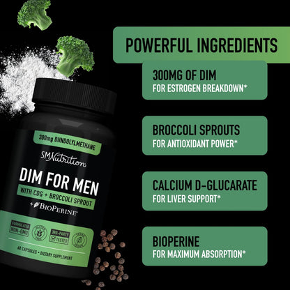 DIM 300mg For Men | Estrogen Blocker & Aromatase Inhibitor | Men's Hormone Balance & Fitness Booster Supplement | Diindolylmethane Plus CDG & Sulforaphane for Mens Health | Gluten-Free | 60 Capsules