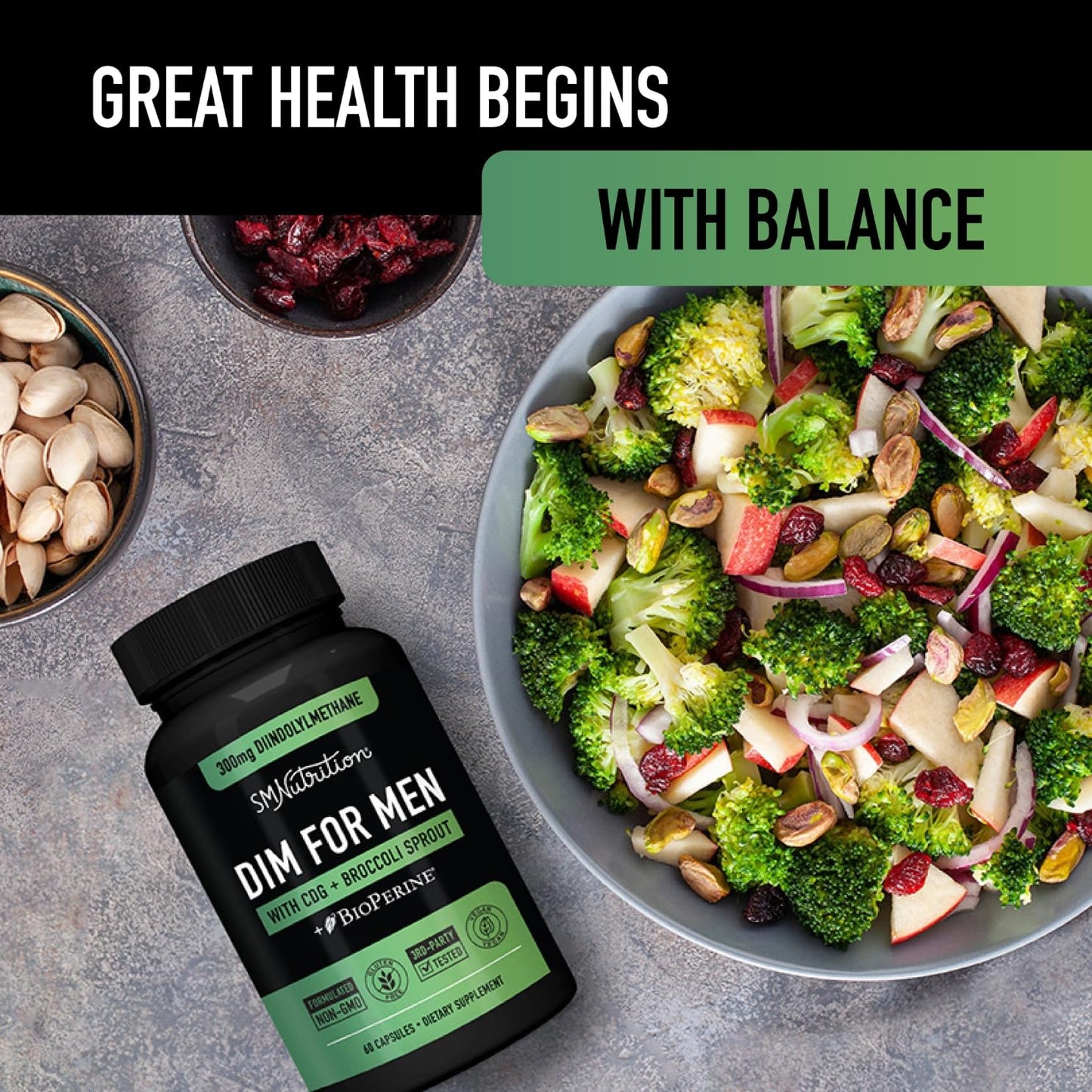 DIM 300mg For Men | Estrogen Blocker & Aromatase Inhibitor | Men's Hormone Balance & Fitness Booster Supplement | Diindolylmethane Plus CDG & Sulforaphane for Mens Health | Gluten-Free | 60 Capsules